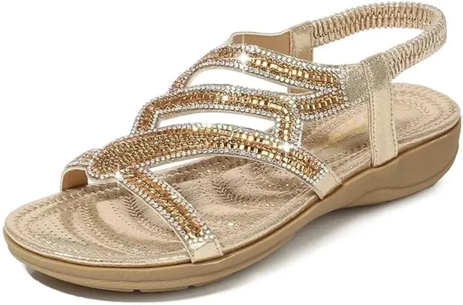 Womens Elastic Band Back Strap Wedge Heel Open Side Vamp Modern Sandals PU Upper Bohemian Rhinestone Beach Casual Summer Sandals