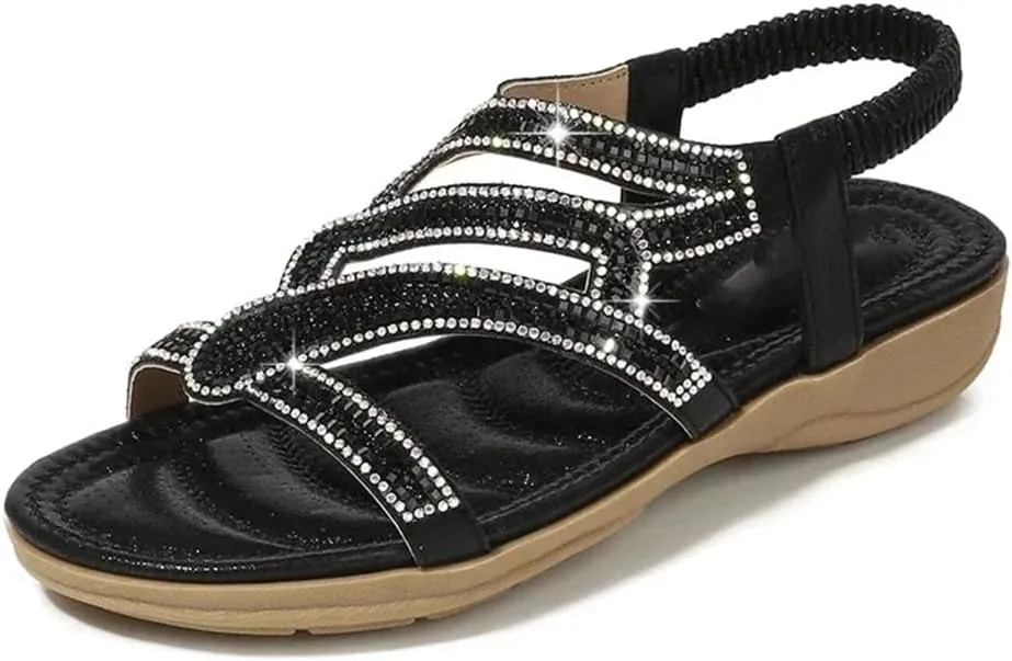 Womens Elastic Band Back Strap Wedge Heel Open Side Vamp Modern Sandals PU Upper Bohemian Rhinestone Beach Casual Summer Sandals