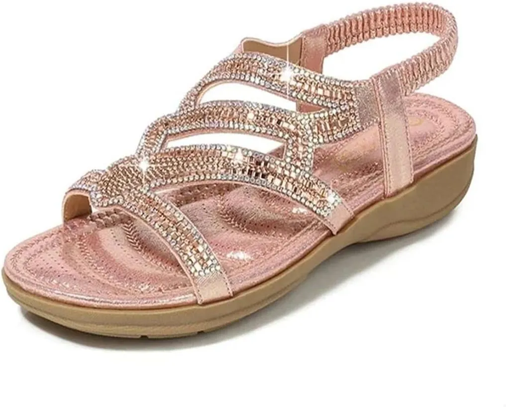 Womens Elastic Band Back Strap Wedge Heel Open Side Vamp Modern Sandals PU Upper Bohemian Rhinestone Beach Casual Summer Sandals
