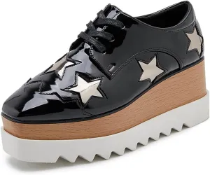 Women's Fashion Patent Leather Oxford Shoes Square Toe Lace Up High Heels Platform Wedge Sneakers Casual Flat Shoes