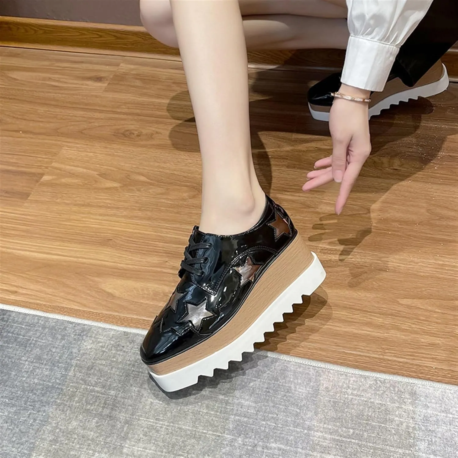 Women's Fashion Patent Leather Oxford Shoes Square Toe Lace Up High Heels Platform Wedge Sneakers Casual Flat Shoes