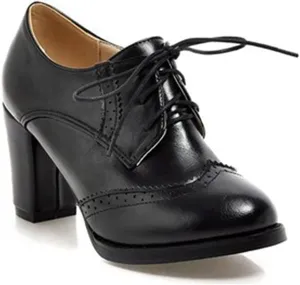 Women's Lace Up Wingtip Oxford Pump Vintage Perforated Chunky Platform High Heel Brogues Dress Shoes