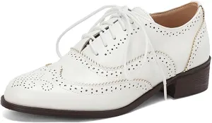 Women's Leather Wingtip Lace Up Brogue Oxfords Comfort Breathable Pointed Toe Low Top Chunky Heels Shoes Vintage Business Work Derby Dress Shoes