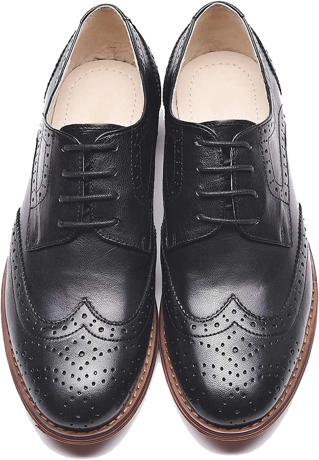 Women's Perforated Classic Lace-up Oxfords Brogue Wingtip Round Toe Derby Saddle Leather Shoes for Women Girls Lady Wife