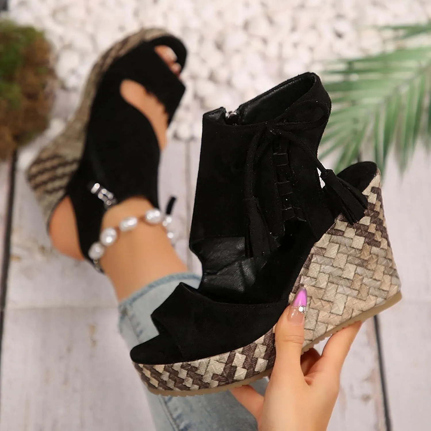 Womens Sandals Dressy Suede Wedge Platform Sandals Tassel Boho Sandals Chunky High Heel Sandal Side Zipper Peep Toe Sandals Hollow Out Slingback Shoes