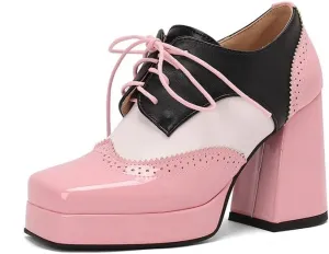 Women's Square Toe Mixcolor Platform High Heel Brogues Derby Shoes