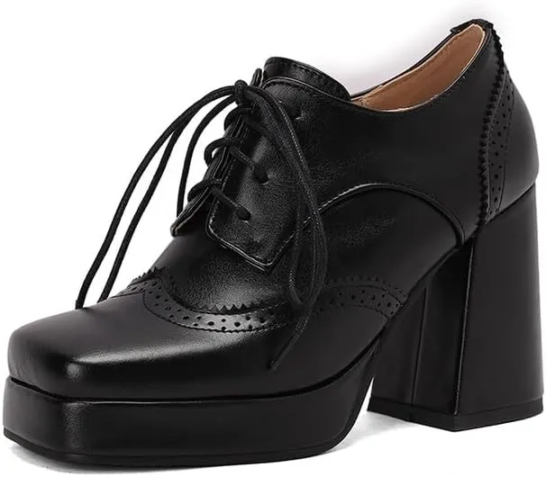 Women's Square Toe Mixcolor Platform High Heel Brogues Derby Shoes