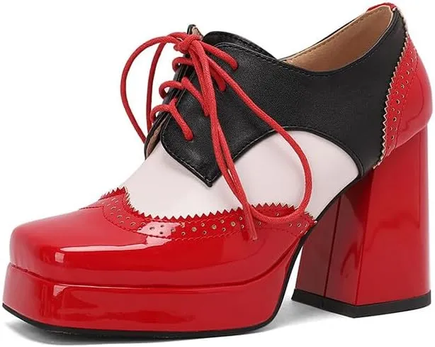 Women's Square Toe Mixcolor Platform High Heel Brogues Derby Shoes