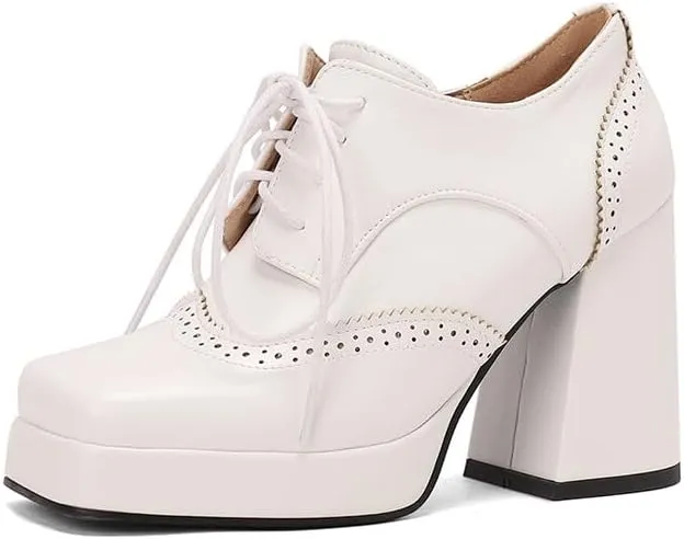 Women's Square Toe Mixcolor Platform High Heel Brogues Derby Shoes