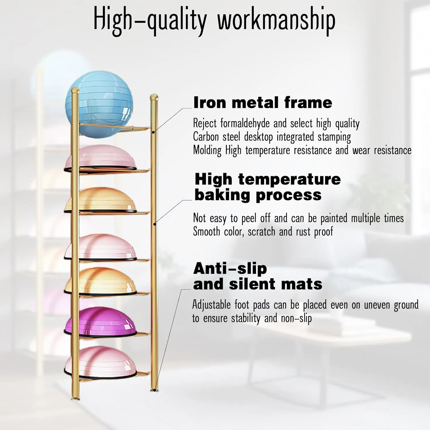 Yoga & Gym Rack - Holds Bosu Balls & Accessories Securely, Steel Frame with Protective Coating & Wide Base